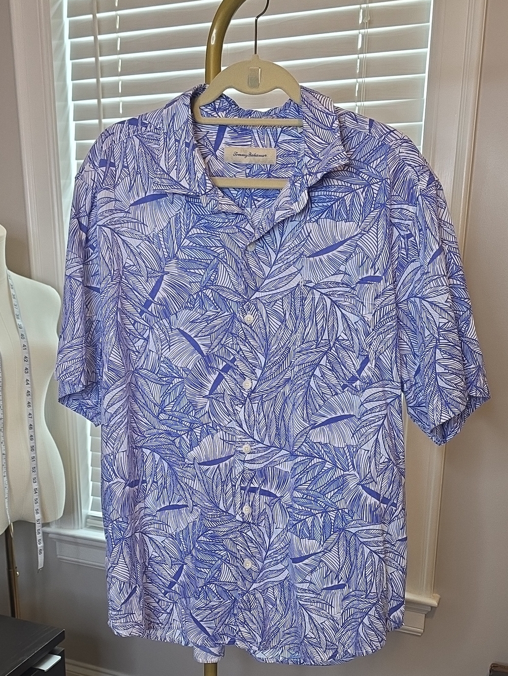 Tommy Bahama Blue and White Tropical Leaf Button-Up Shirt